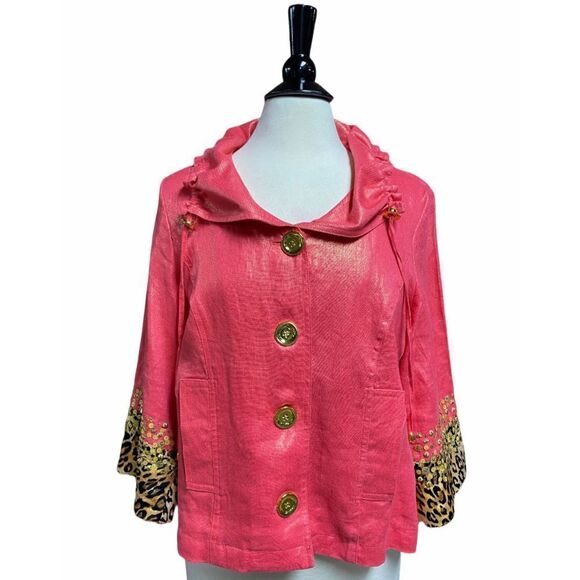 Berek Coral & Gold Shimmer Linen Leopard Jeweled Jacket Size Medium - Picture 1 of 6